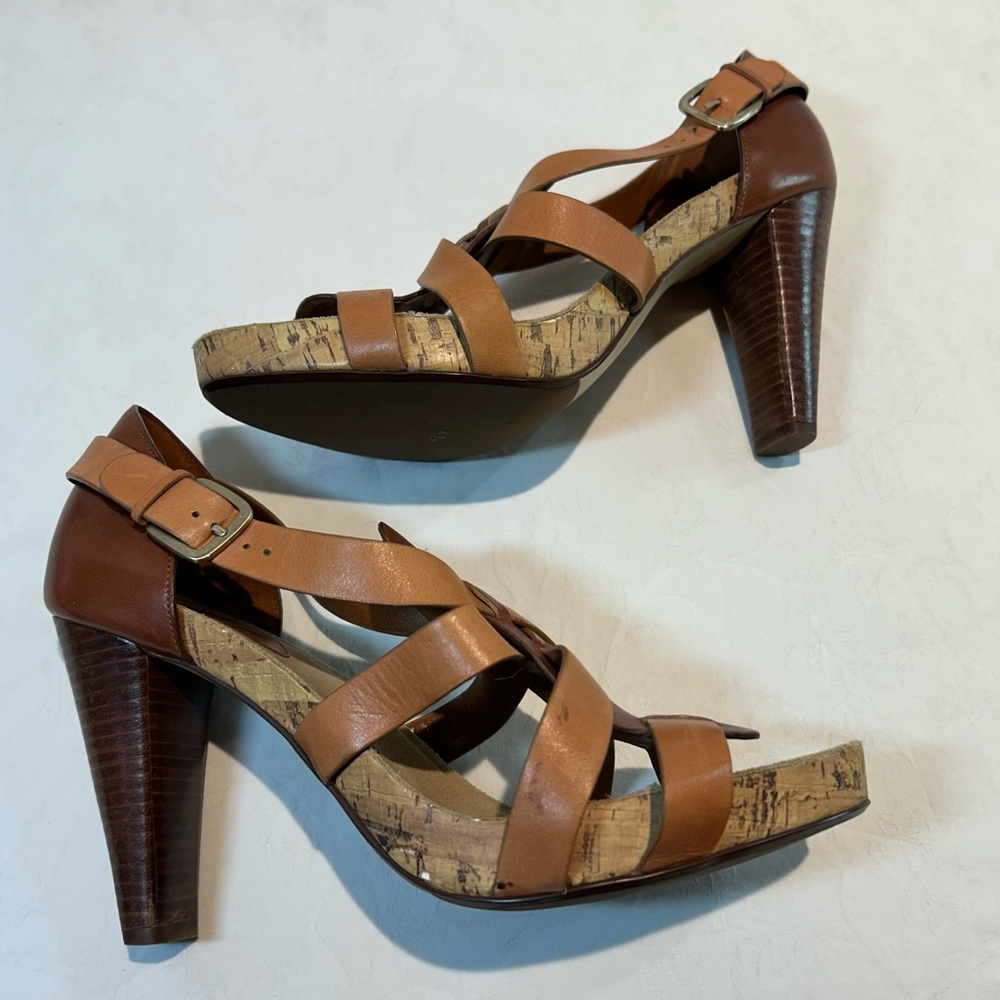 Cole Haan Sz 10 Jocelyn Strappy High Heeled Sandals Leather Brown Tan Wood Heel - Picture 3 of 10